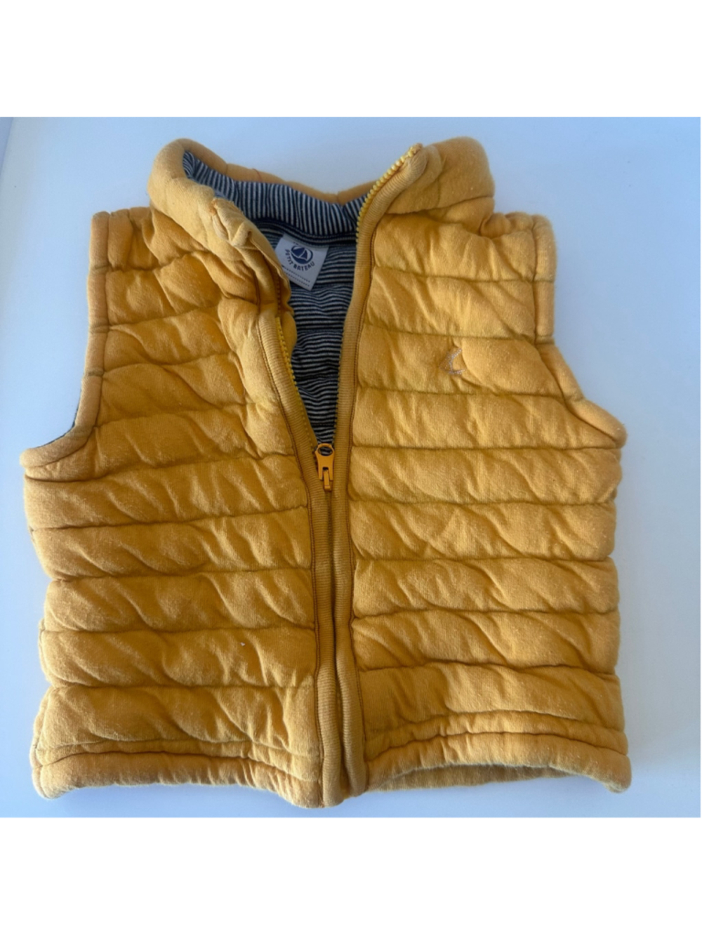 Petit Bateau Baby Toddler Quilted Puffer Vest 18M Mustard Yellow Stripe Lined